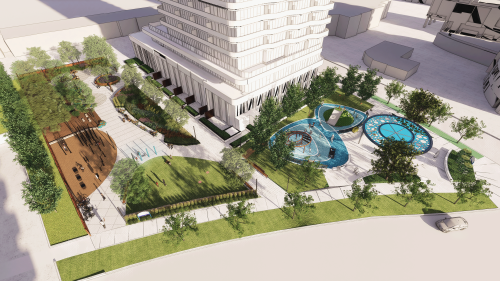 An aerial rendering shows the park’s layout from above, with the main entrance along Doris Avenue leading into a network of walkways, lawns, and planting areas. Seating zones and the misting poles are visible as distinct pockets arranged around the central paths, with the building massing framing the northern edge. 