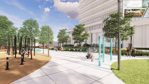 Rendering of the new park showing mist poles, fitness equipment, seating, and tree plantings.