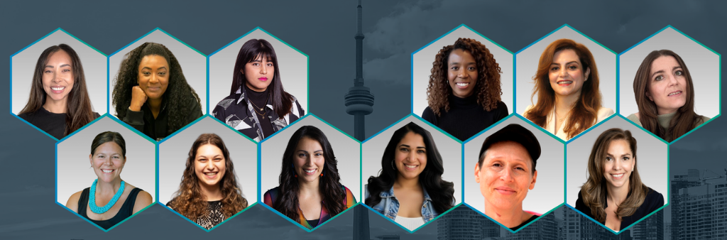Dark blue background with City of Toronto skyline, showing the twelve 2026 Women4ClimateTO mentees.