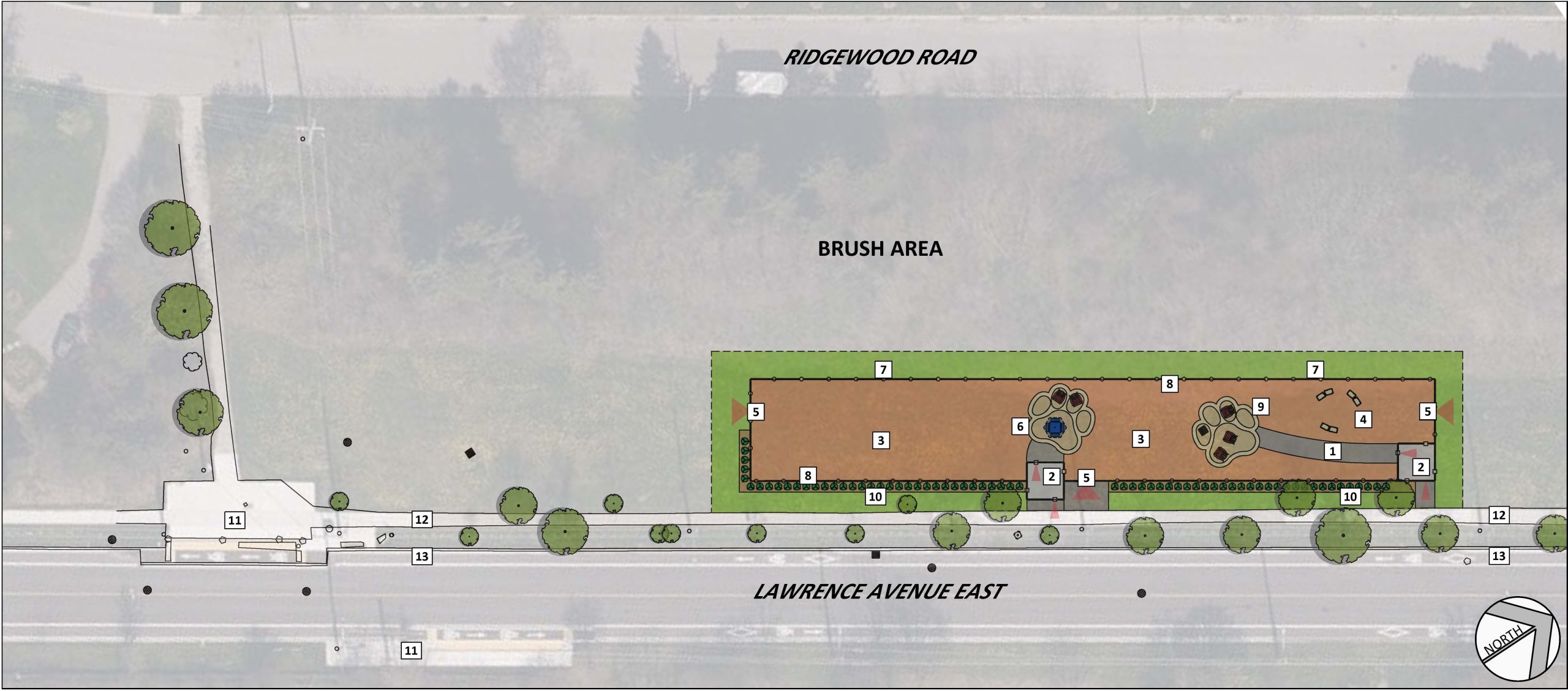 Site plan for Design Option B with numbers that correspond to the list of features after the image.