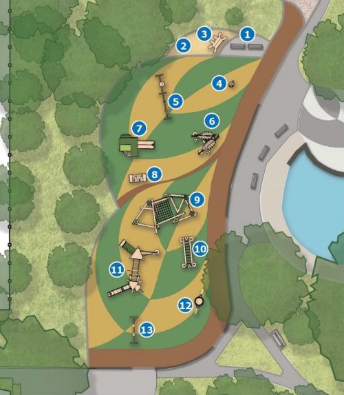 Coloured plan of play area and equipment layout for the Leaves concept. Key playground features, including seating areas, a sand play area, various types of swings, slides, climbing and net structures are labelled in the legend.
