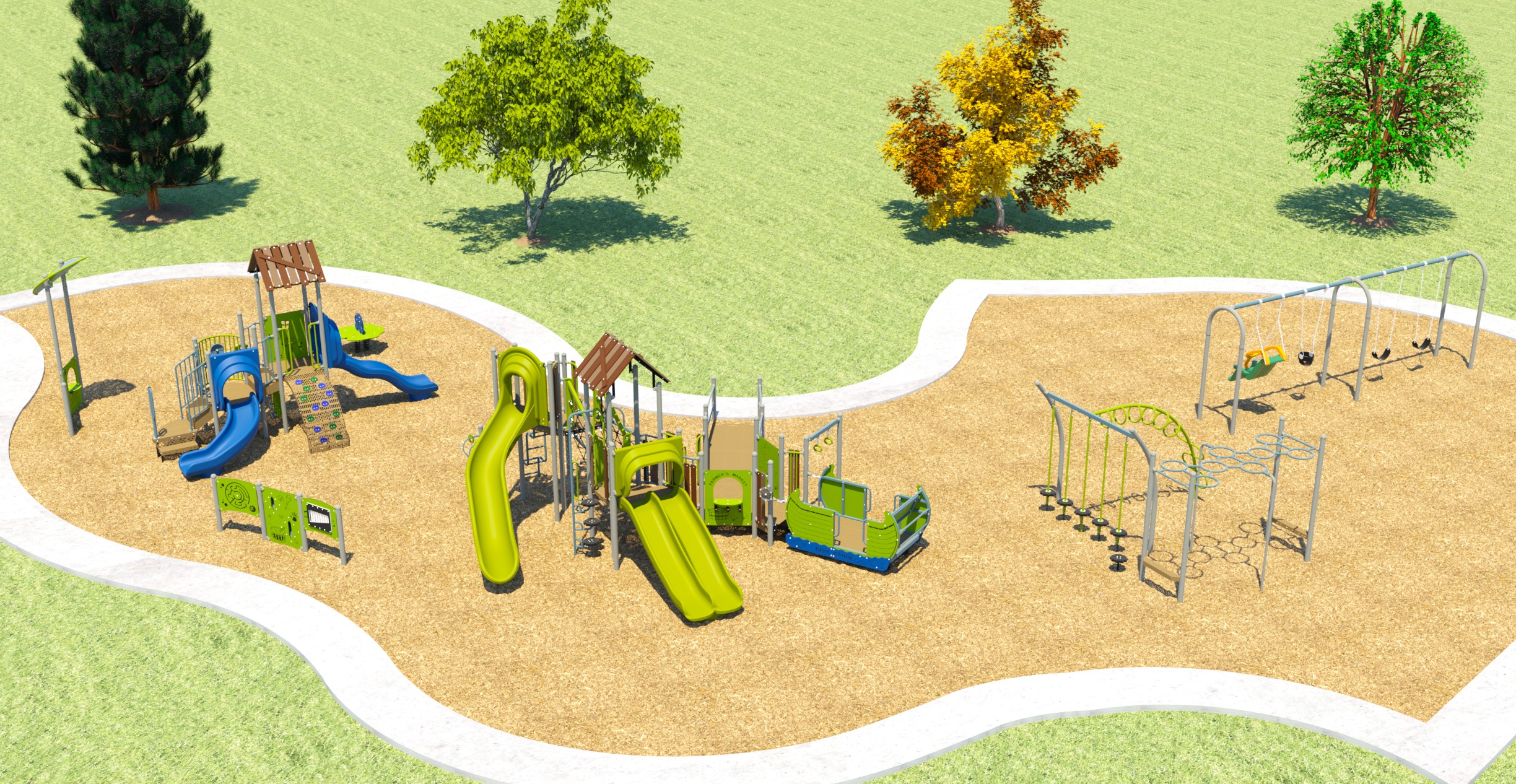 Aerial view looking north for Design Option C for Silverview Park, which includes both junior and senior playgrounds. From left to right, it includes two play panels features, a junior play structure, a senior play structure with an accessible rocker, a climbing structure, and a swing set with one toddler swing, one accessible swing, and two belt swings.