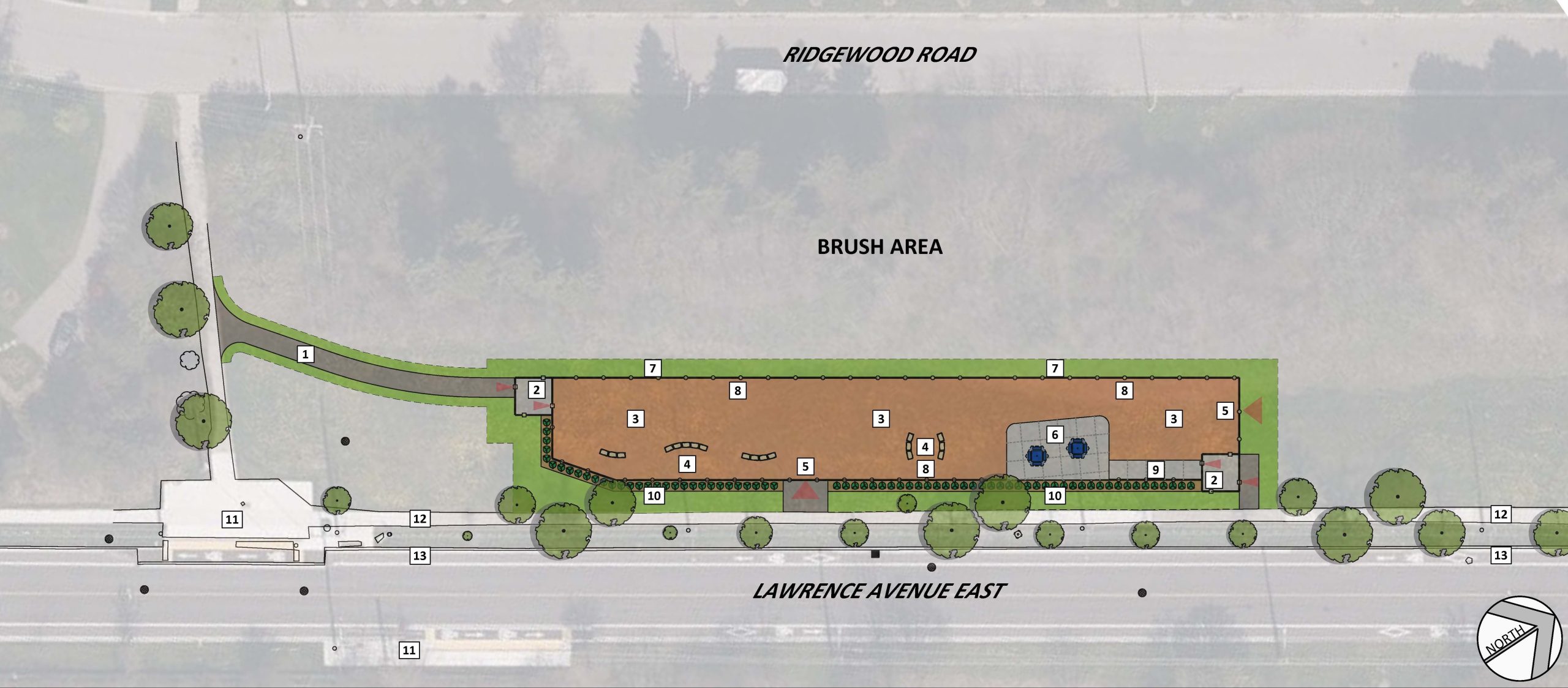 Site plan for the preferred design with numbers that correspond to the list of features after the image.