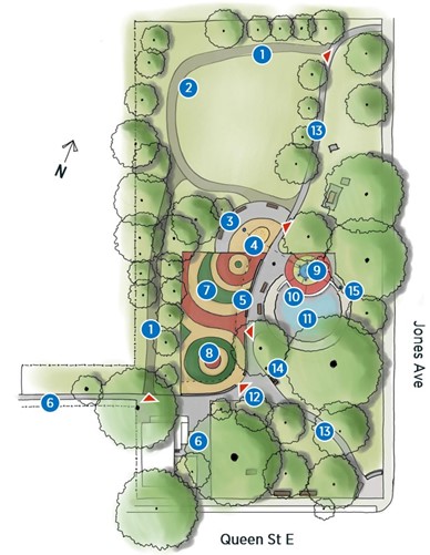 Site plan of the proposed park layout Design Option B, showing the Rings design. Key park features, including pathways, playground location, wading pool and mini splash pad location, seating areas, open lawn areas, and other elements, are labelled in the legend.