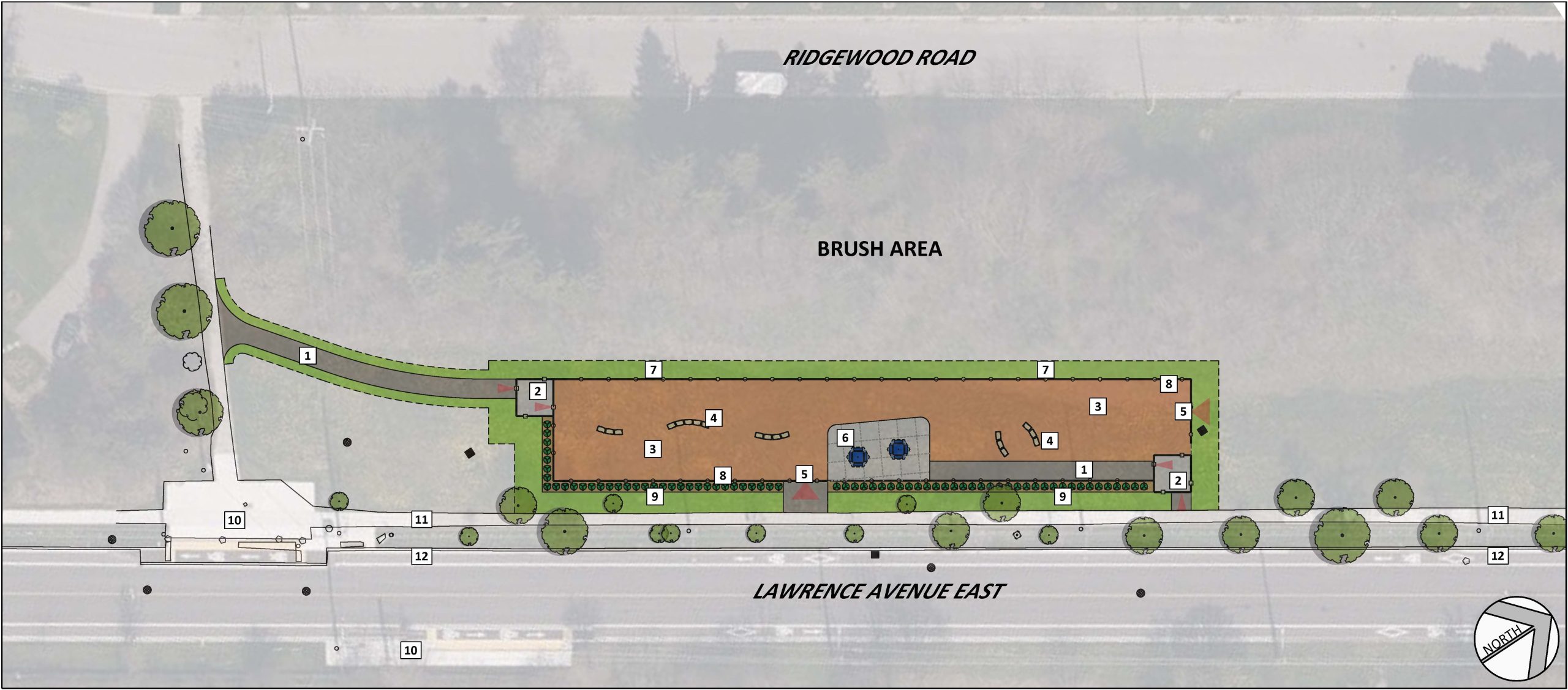 Site plan for Design Option A with numbers that correspond to the list of features after the image.