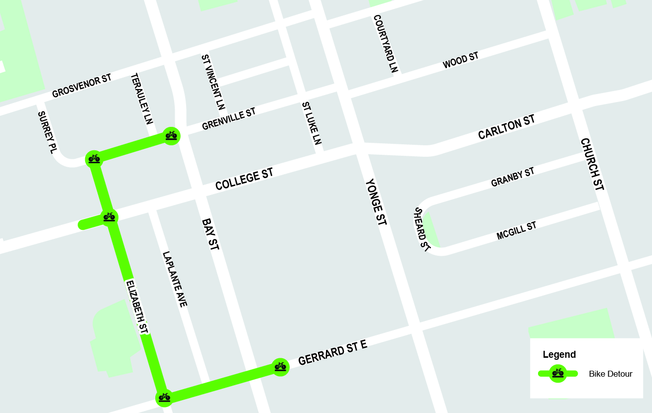 During Phase 1, due to the full closure of the College Street and Bay Street intersection, cyclists travelling northbound and southbound may detour via Grenville Street, Elizabeth Street, and Gerrard Street West. This detour may be used in both directions. Please contact Mark De Miglio at mark.demiglio@toronto.ca or call 416 395 7178 for more information.