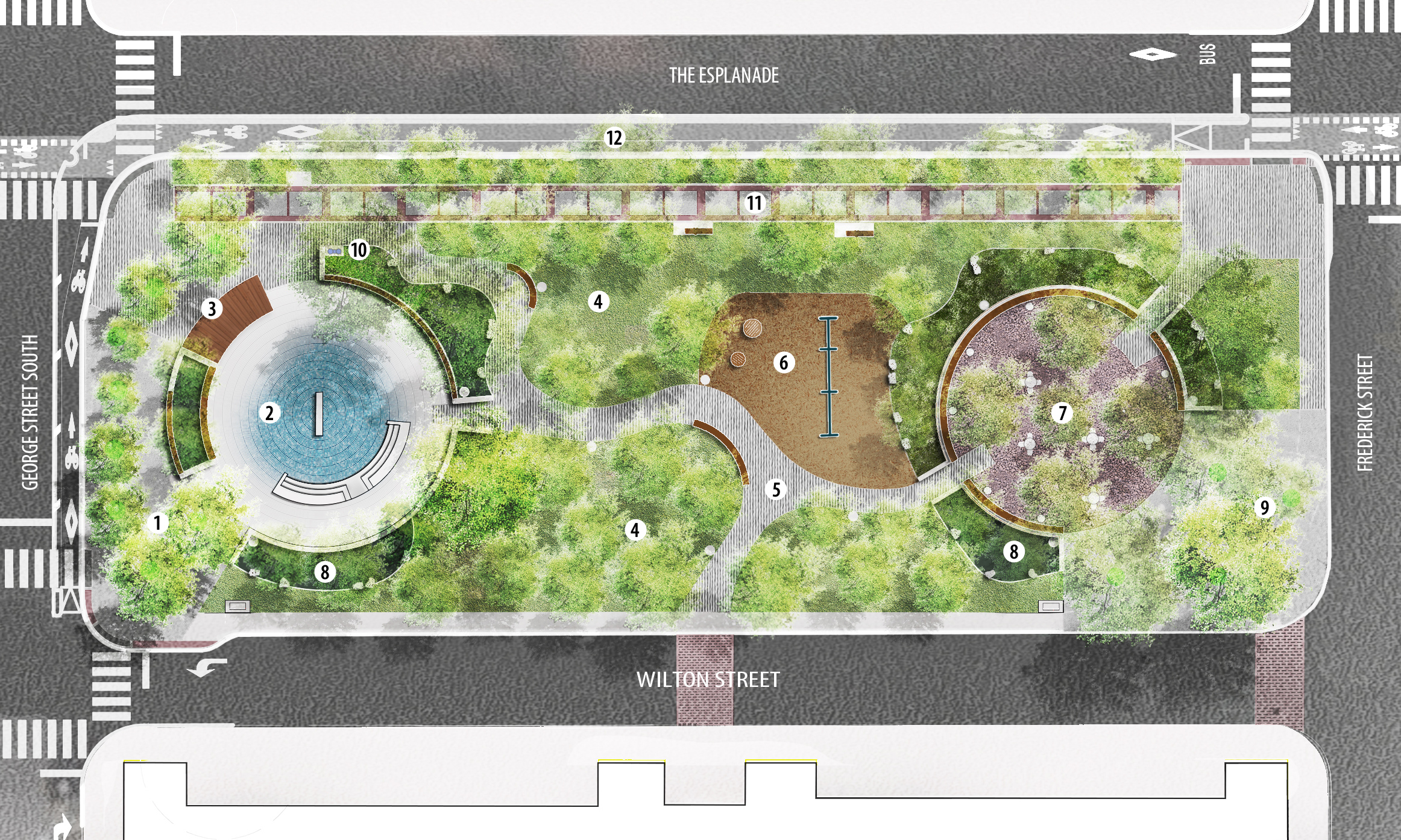 The plan includes George Street Plaza, a revitalized wading pool with pool deck seating, and a picnic lawn. It features accessible walkways with seating, existing swings and play features, a seating circle with a tree grove, and enhanced horticultural planting. Additional elements include Frederick Street Plaza, a bottle filler and drinking fountain, promenade paving restoration, and a cycle track to improve connectivity and public space use.