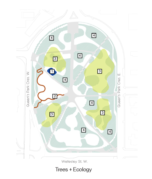 Aerial map of the park showing the following features: Workshop; Treewalk; Flexible Lawn; Understory Planting Zones