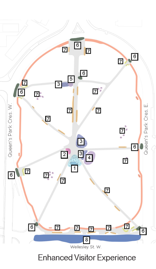 Aerial map of the park showing the following features: Interactive water feature; Flexible Platform, Flexible seating, Cafe and Washroom; Kiosk; Gateway; Seating; Wellesley St.