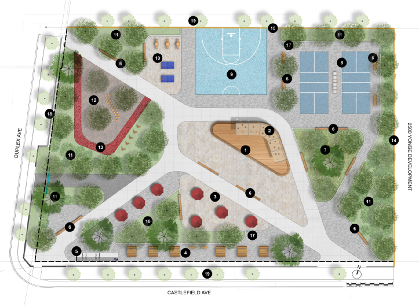 Design option A features a central boomerang-shaped path that guides movement through the park from southeast to northwest and links all activity areas. At the centre, a plaza with a permanent shade structure supports an event stage, community gatherings, and seasonal programming. To the north, upgraded mini-basketball and pickleball courts are paired with table tennis and a small gaming area for additional active use. To the west, a play zone and sculpted seatwall create a playful edge, complemented by expanded green areas for natural play and relaxation under an enhanced tree canopy. Along the south edge, a picnic and outdoor dining area connects to a social space that can host small marketplace activities and community pop-ups. A pollinator garden and new landscape buffers define the eastern perimeter, improving comfort, shade, and ecological value. Clear gateway moments at Castlefield Avenue and Duplex Avenue create welcoming park entrances. Overall, this option offers a vibrant, multi-generational park with diverse opportunities to play, gather, and explore.