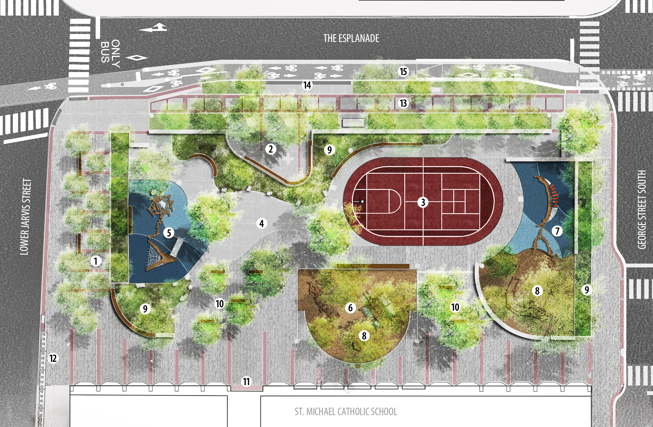 The site includes public spaces and amenities such as plazas, seating areas, playgrounds for different age groups, a multi-sport court, and horticultural planting. It also features Indigenous boulder carvings, improved paving, a tree grove with seating, and connections like a school entrance, bike share station, bus stop, and cycle track to support safe and accessible movement.