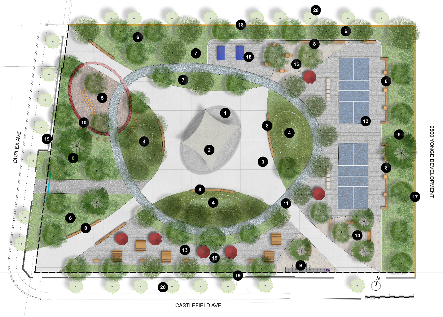 Design option B creates a calm, nature-focused park organized around a central plaza featuring an event stage with a permanent tensile structure. A looping trail circles the plaza, creating a playful movement experience that connects all program areas and highlights the green oasis at the heart of the park. To the north and east, the active recreation zone includes pickleball courts, table tennis, and a small gaming area, supported by shaded seating areas. To the west, a meadow garden, play zone, and sculpted seatwall offer opportunities for natural play and exploration. Along the south edge, a bosque plaza in the southeast corner is paired with picnic and outdoor dining spaces and market-style seating that can support community pop-ups and informal gatherings. A landscape buffer along the east edge, together with expanded perimeter planting, strengthens ecological value, creates a sense of enclosure, and offers outdoor “living rooms” for the community. Gateway moments at Castlefield Avenue and Duplex Avenue guide visitors into a park that feels immersive, green, and restorative, offering a series of quiet and active spaces for all ages.