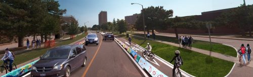 Artist rendering of Option 1 - cycle track with art-covered low wall barriers