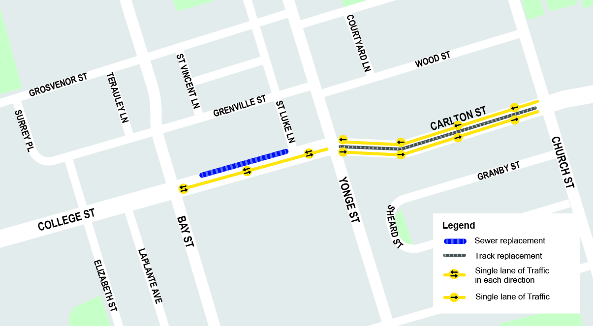 Map of the work area is along College Street and Carlton Street from just west of Bay Street to Church Street to the east. Please contact Mark De Miglio at mark.demiglio@toronto.ca or call 416 395 7178 for more information.