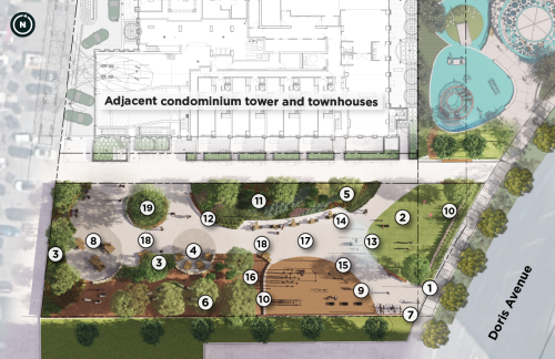 The site plan shows a community park organized around a concrete walkway network, with the main entrance along Doris Avenue on the right. A multi‑purpose lawn area, pollinator plantings, and a mix of existing and proposed trees frame the central paths. Seating zones include benches, picnic tables, lounge corners, game tables, and seating cubes. Outdoor exercise equipment, misting poles, armourstone edges, bike racks, and a specimen tree with planting are distributed throughout, creating small activity pockets connected back to the main circulation. Park signage and pole lights mark key entry and gathering points. 
