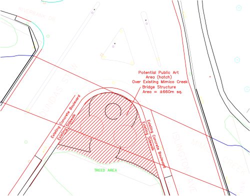 Diagram of site, potential public art area hatched over existing Mimico Creek bridge structure, area = 660m sq. Existing concrete boulevards are noted, existing sidewalks are noted, treed area below