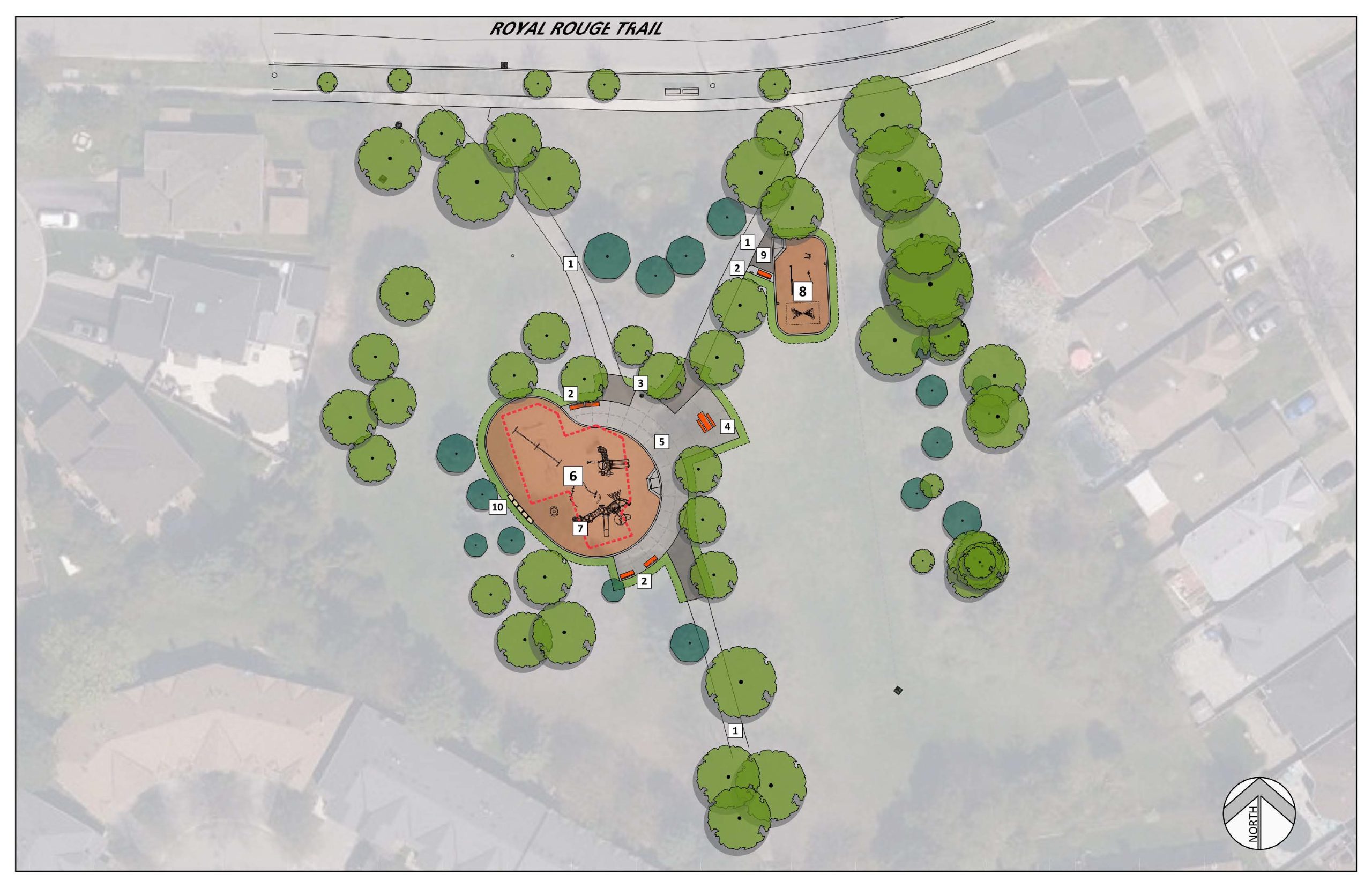 Final site plan for the improved Royal Rouge Tot Lot with numbers that correspond to the list of features after the image. The expanded playground is located in the centre, surrounded by new park benches and a picnic table on concrete paving. The new fitness area is located in the northeast corner of the park, next to an existing pathway.