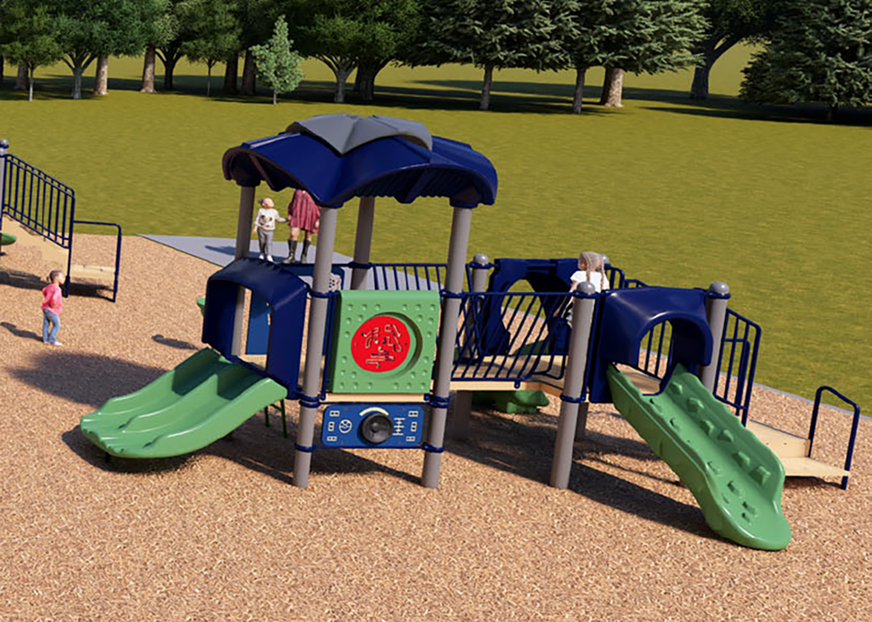 A rendering of the junior play structure from Playground Design C looking towards the north. From left to right, it includes a double slide, one and a half play panels, two small slides and climb options into the play structure.