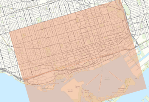 Map of the downtown zone in Toronto where film activity is restricted on arterial routes. This zone is bound by Lansdowne Avenue, Bloor Street East and West, Bayview Avenue and Lake Ontario.