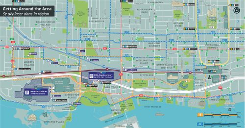 Map titled “Getting Around the Area / Se déplacer dans la région” showing transportation routes around Toronto Stadium at Exhibition Place and the FIFA Fan Festival at Fort York and The Bentway. Includes TTC subway and streetcar lines, GO Transit stations (Union and Exhibition), cycling routes, pedestrian pathways and key areas such as Liberty Village and the waterfront. Major landmarks, walking and cycling times, and restricted areas near event sites are indicated.