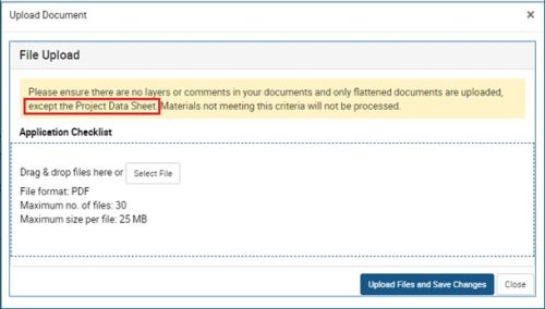 (Project Data Sheet Submission - File Upload modal) Alt text - File upload window indicating only flattened documents are accepted, except the Project Data Sheet.
