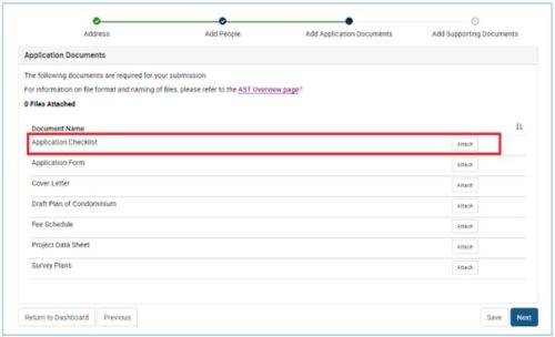 (Application Documents page) Alt text – Condominium Application Documents page showing ‘Application Checklist’ as a required upload.