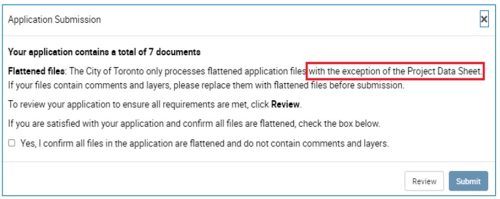 (Project Data Sheet Submission - Application Submission confirmation screen) Alt text - Application submission screen indicating that all files must be flattened before submission, except the Project Data Sheet.