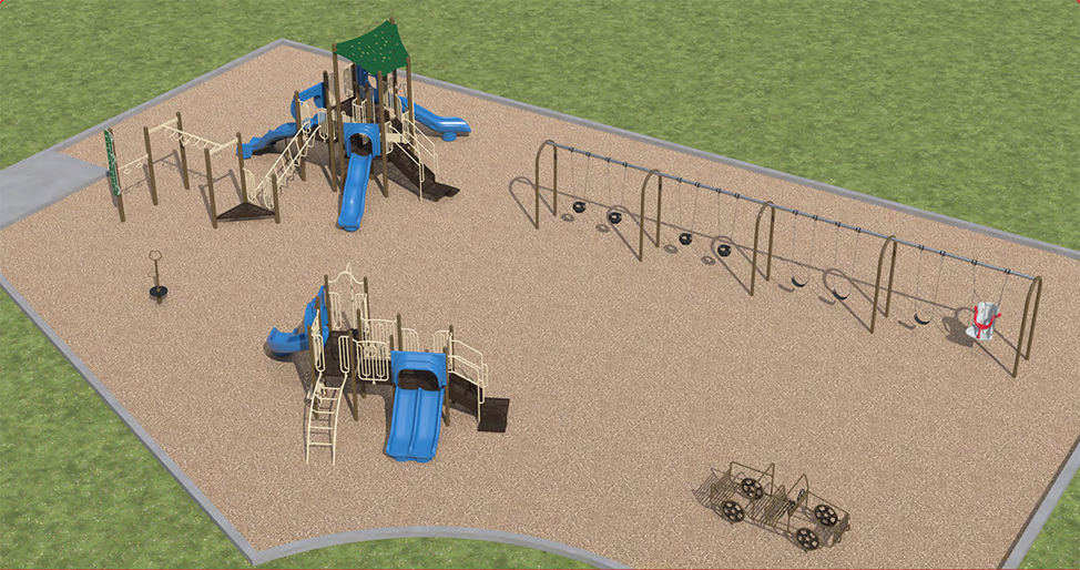 A rendering of Playground Design A, looking towards the southeast. From the upper-left to the lower-right, it includes a play panel, an overhead climbing structure, a senior play structure, a spinner toy, a junior play structure, a metal car toy, and swings
