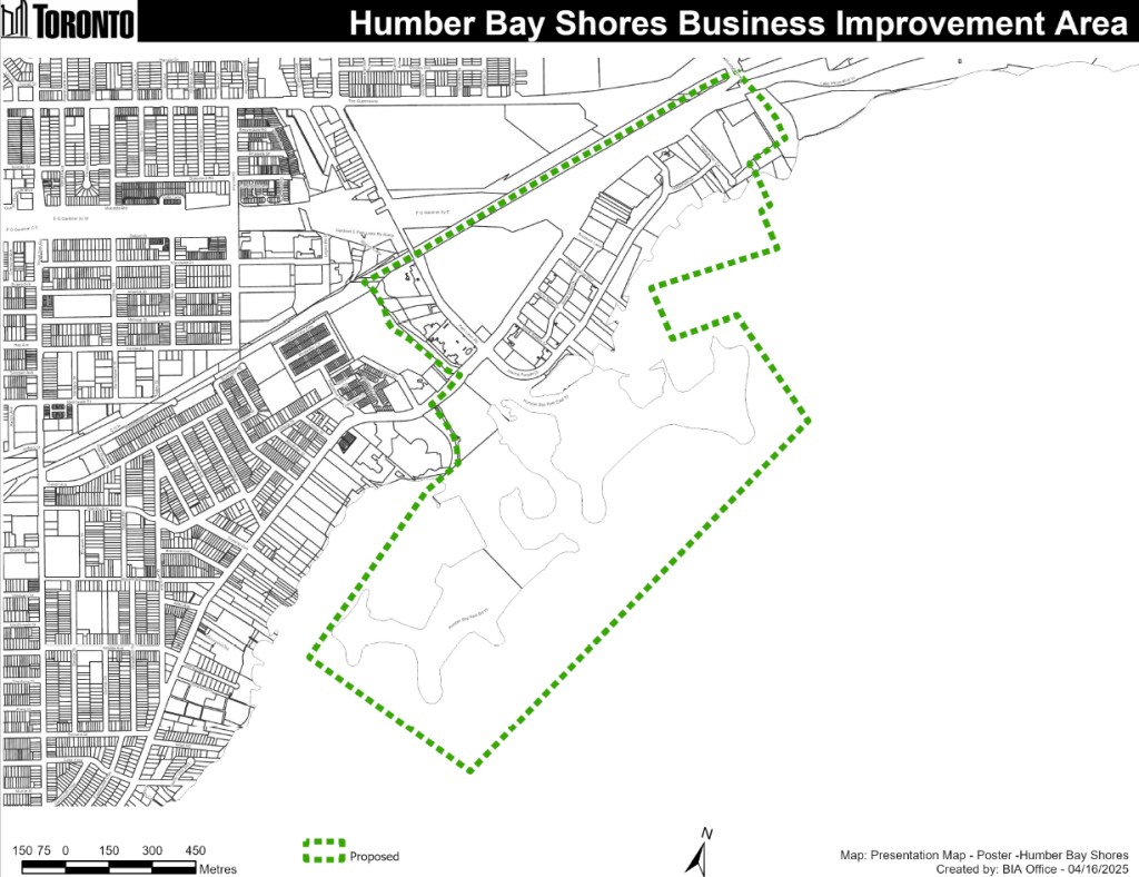 Map showing the Humber Bay Shores polling area. The area generally bounded from Southeast from the CN Rail Corridor from Mimico Creek to Humber Bay River and connecting with Humber Bay Park East and West side areas