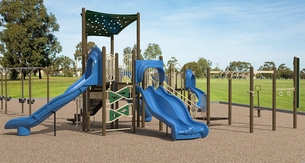 A rendering of the senior play structure from Playground Design A, looking towards the northwest. From left to right, the structure includes one large slide, a double slide, and a small slide, climb options into the structure, and an overhead climb option