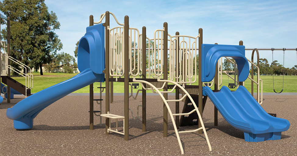A rendering of the junior play structure from Playground Design A, looking towards the south. From left to right, the structure includes one slide, climb options into the structure, and a double slide.