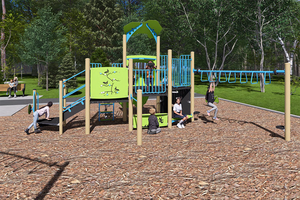 A rendering of the junior play structure from Playground Design B, looking towards the north. From left to right, the structure includes climb options into the structure, a double slide, a table and seats, and an overhead climb option.