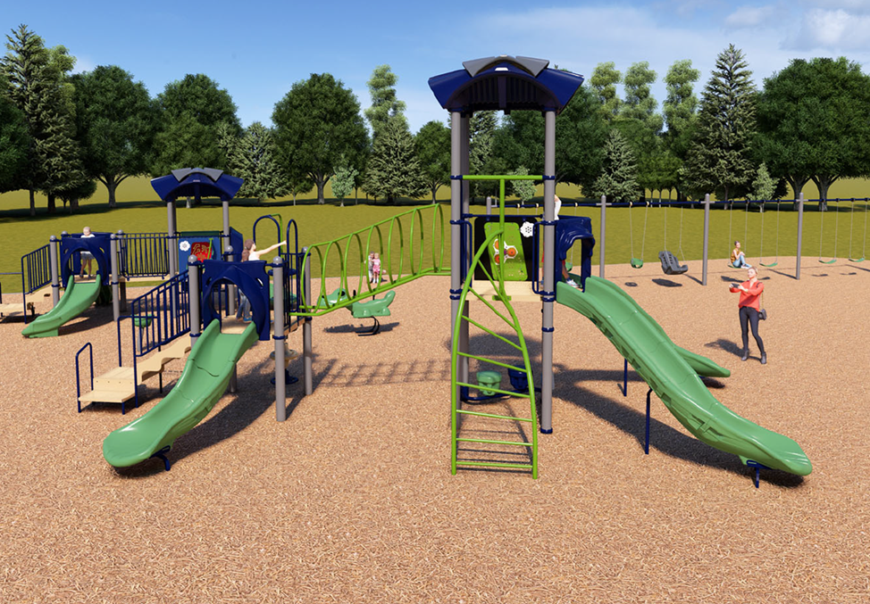 A rendering of the senior play structure from Playground Design C looking towards the south. From left to right the structure includes a transfer station, one curved slide, one climb option, one bridge climb option, one play panel, a climb option, two curved slides, and two pod seats below. 