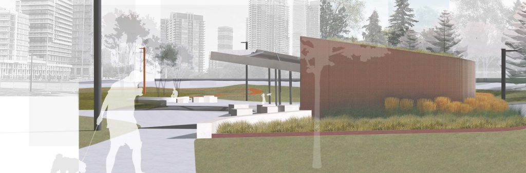 A perspective rendering of the Grand Avenue community garden entrance showing a small pavilion structure with a sloped roof. The pavilion is surrounded by planting beds and trees, with a pathway leading toward it from the foreground. The scene illustrates the proposed washrooms and shade structure within a landscaped garden setting.