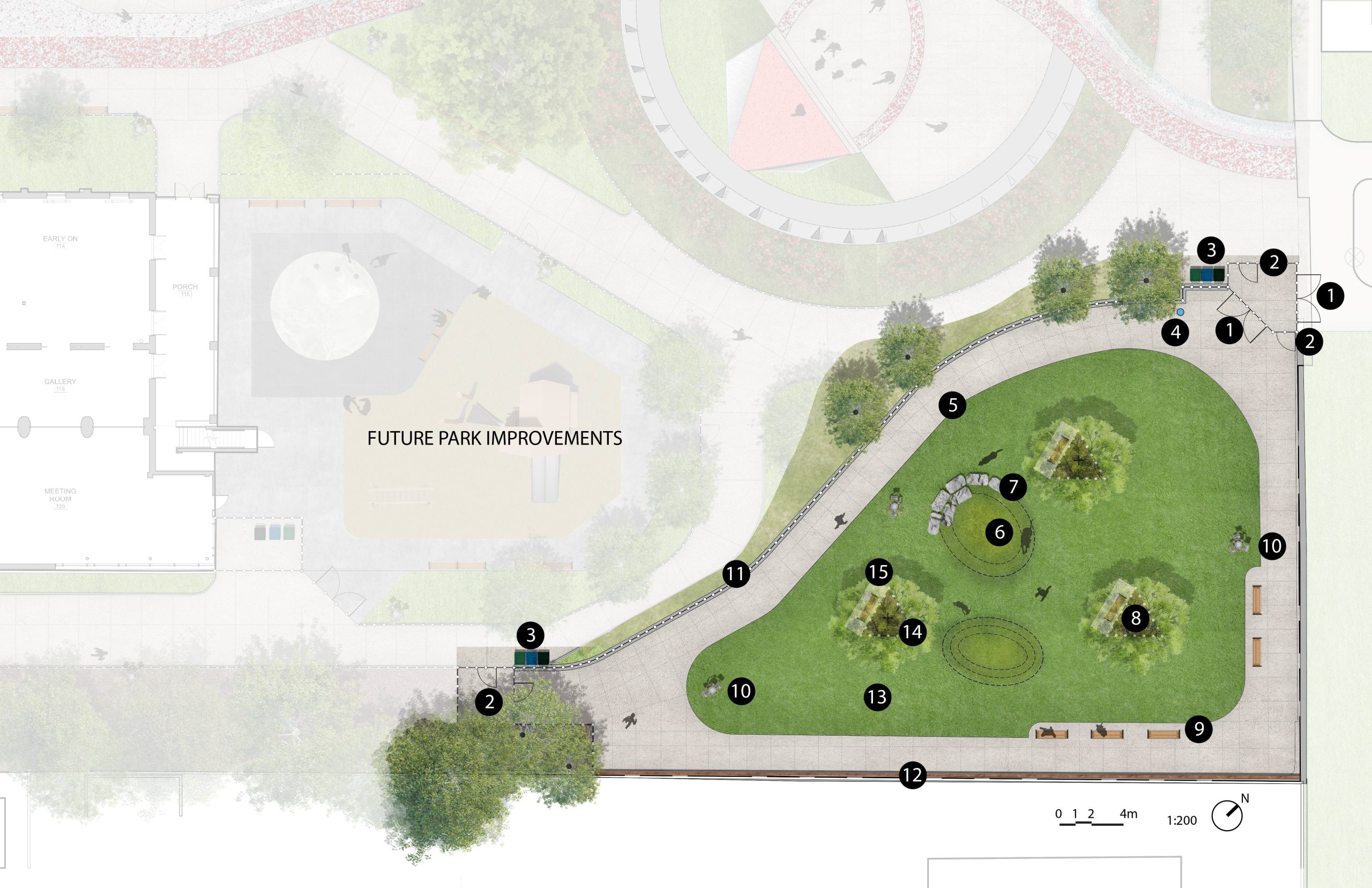 Overhead plan of a proposed park showing a large off‑leash dog area on the right, enclosed by a metal picket fence and bordered by a looping concrete walkway. Inside the fenced area are artificial turf surfaces, low grass mounds, benches, a seatwall, and tree plantings with some protected by tree guards. The main entrance uses a double‑gate system, with a maintenance gate nearby. Along the outer walkway are benches, lighting, garbage bins, and a drinking fountain. A wood fence runs along the lower edge of the site.