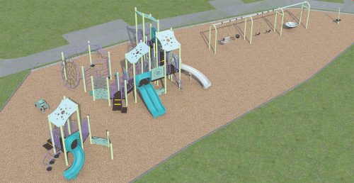 An aerial view of Playground Design A. From left to right, the playground features a junior play structure, car spring toy, multiple overhead climbers, senior play structure, triple-bay swing set, and stand-up spinner.