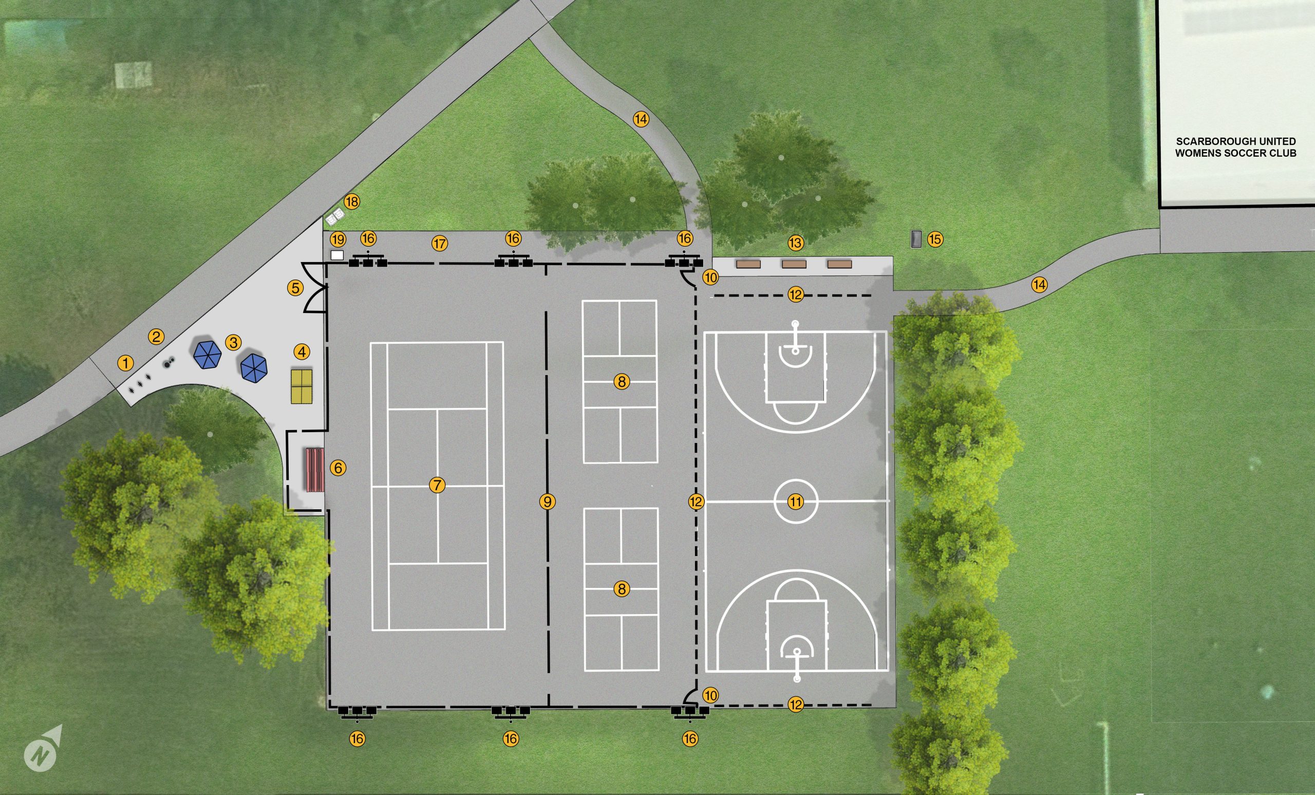 Final design of Clairlea Park sports courts based on community feedback, showing one tennis court on the left, two pickleball courts in the centre, and one full-size basketball court on the right, with seating areas and accessible concrete paths connecting to main access pathways in the park.