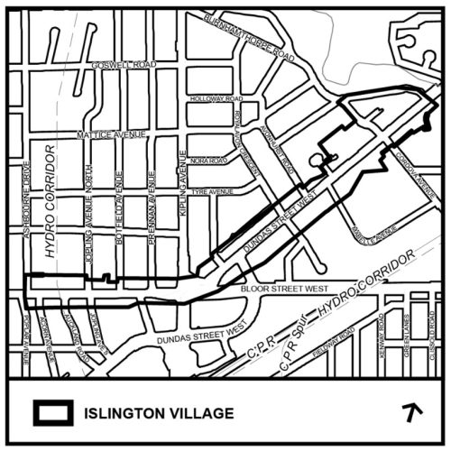 Map showing the boundary of Islington Village, which consists of lands facing either side of Bloor Street West and Dundas Street West between Poplar Avenue/Ashbourne Drive and Islington Avenue
