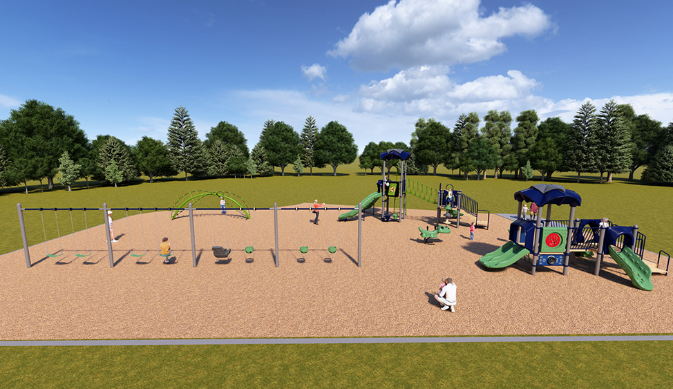 A rendering of Playground Design C looking towards the north. From left to right, it includes a swing set, a free-standing climb structure, a senior play structure, a swing rider, and a junior play.