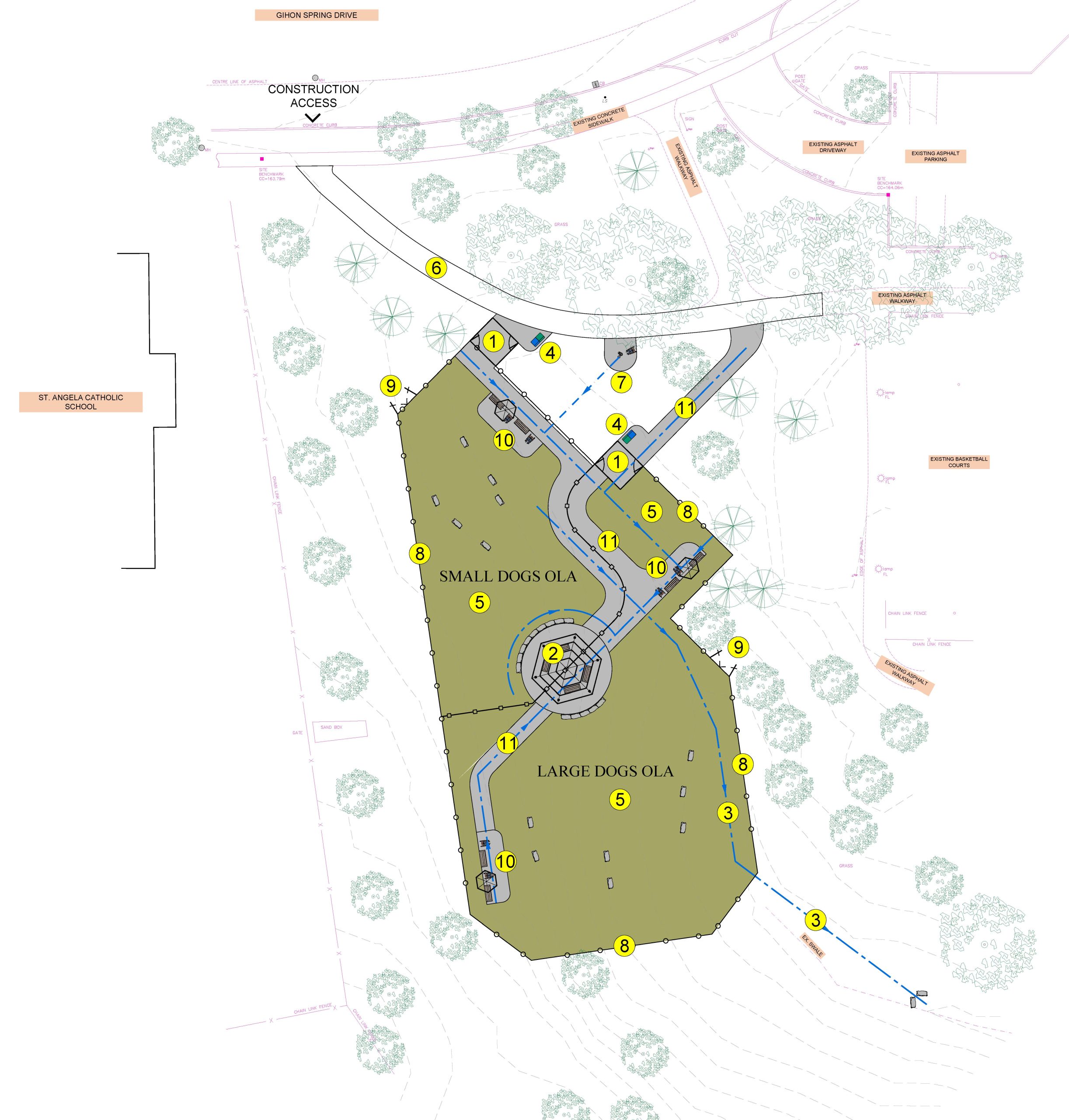 Rendered site plan of the preferred design for the Gihon Spring Park Off Leash Area. The plan shows two fenced dog zones—one for small dogs and one for large dogs—connected by accessible asphalt pathways. Features include grass surfacing, a gated carousel entry, waste station, shade shelter, 3 way water fountain, seating areas with benches and boulders, post and paddle fencing, a maintenance gate, and existing trees. The off leash area is located beside existing basketball courts, walkways, parking, and St. Angela Catholic School. Construction access and site boundaries are also marked
