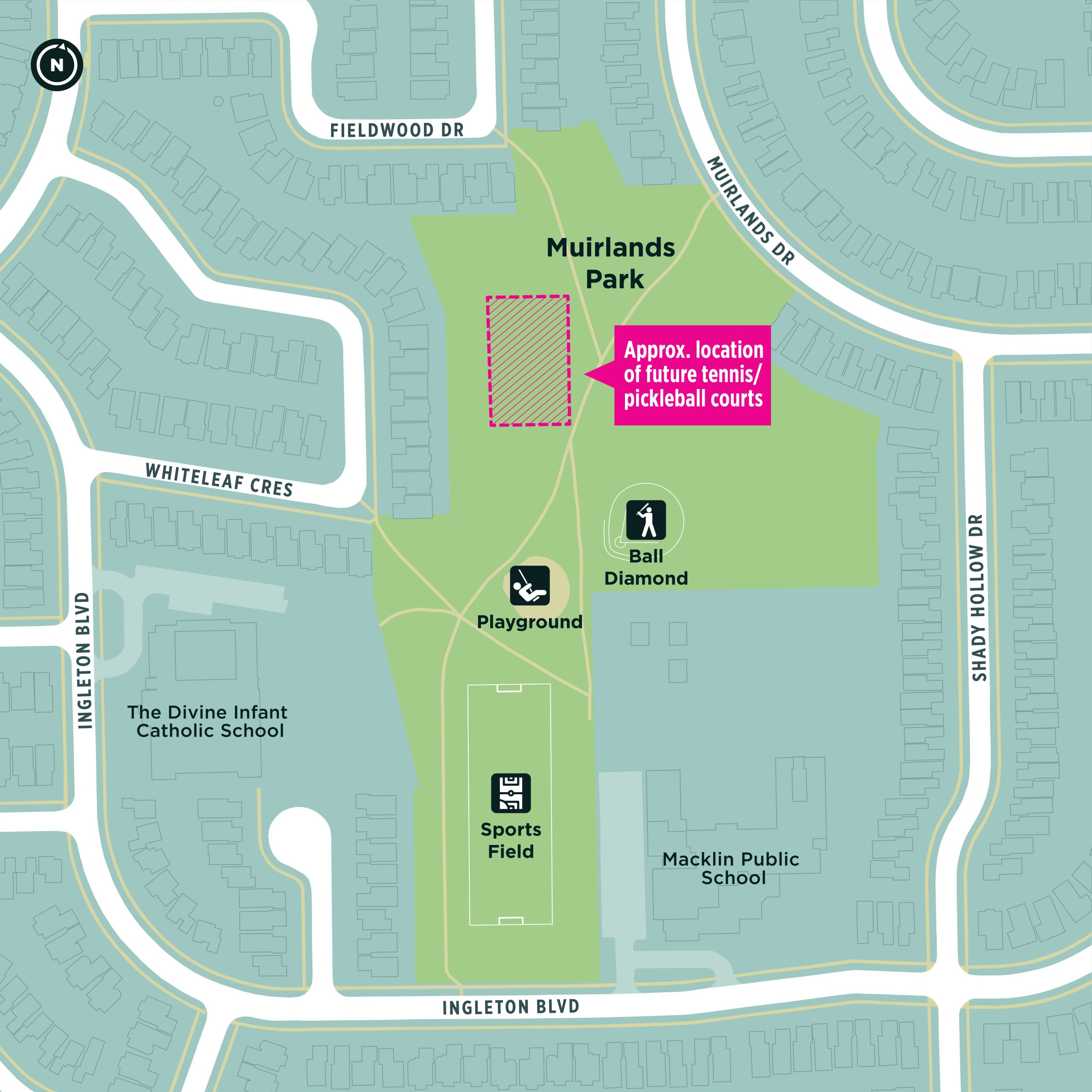 Map of Muirlands Park showing playground, ball diamond, sports field, and future tennis/pickleball court location.