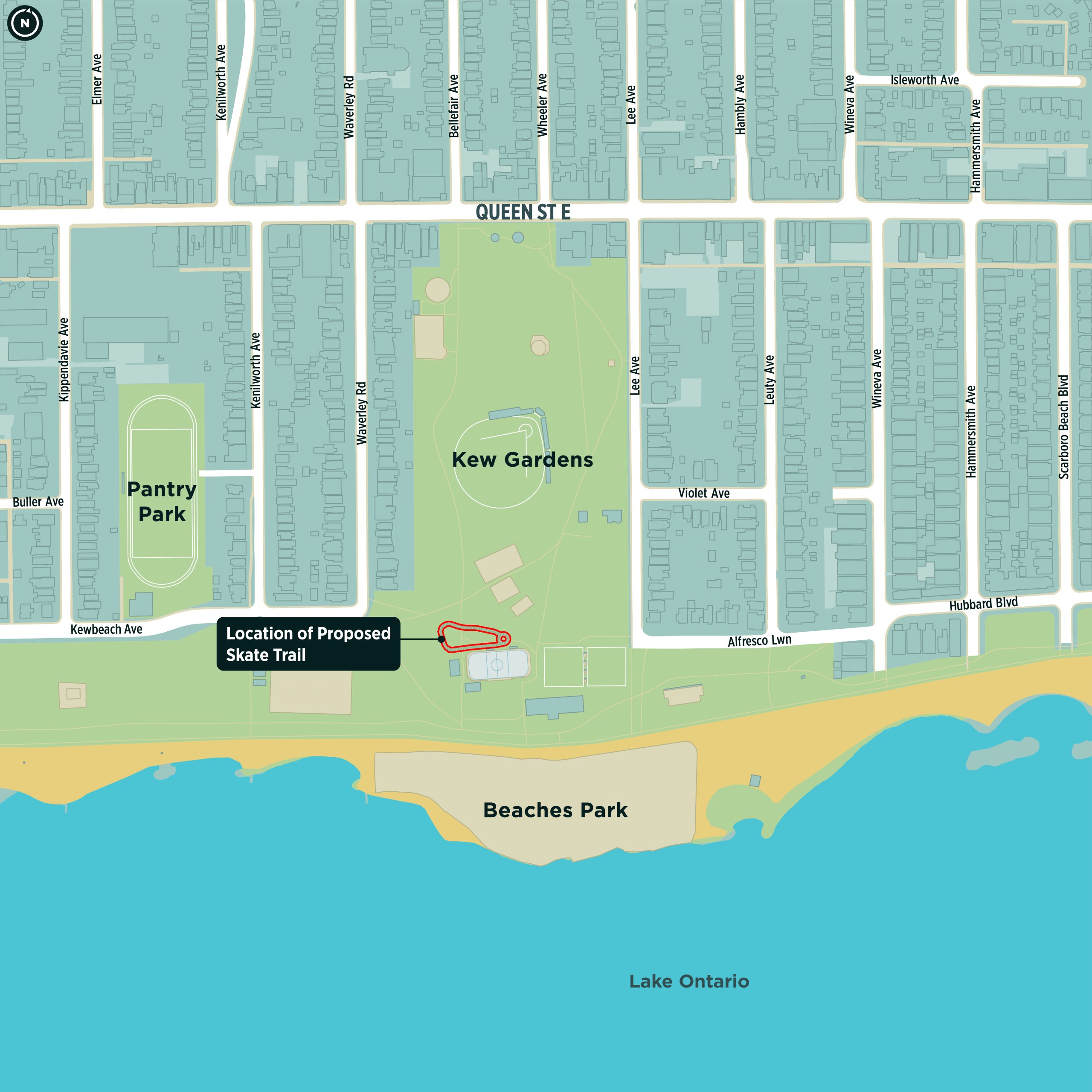 Kew Gardens, with Queen Street East to the north and Lake Ontario to the south. An outline shows the proposed location of the skating trail in the south end of the park, just north of the existing artificial ice rink.