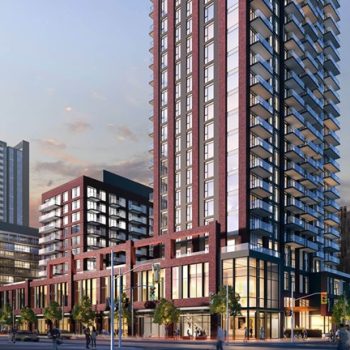 Photograph of a modern urban street corner featuring a tall residential high-rise with glass balconies and a shorter brick building with large windows. 