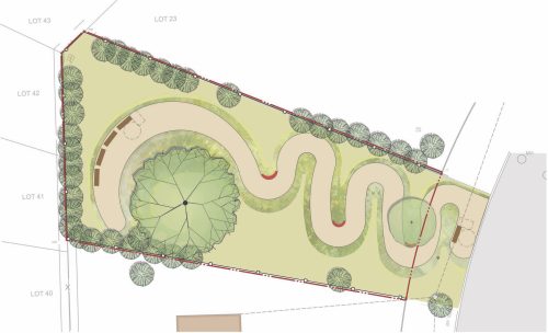 A plan of design option 1 which has a meandering path that snakes through the site and ends on the far side of the tree away from the street.