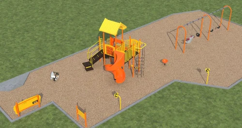 Aerial render of the playground option B looking south-east, showing from left to right: play panels, spring toy, play structure, swingset, with other features as described below. 