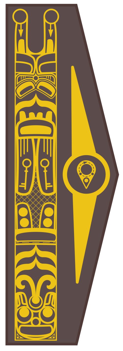 Illustration of the back of the public art for the new park, portraying a map pin and a thunderbird transitioning into a raven in yellow and brown. 