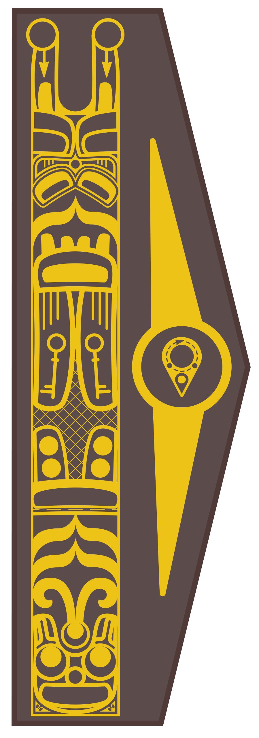 Illustration of the back of the public art for the new park, portraying a map pin and a thunderbird transitioning into a raven in yellow and brown. 