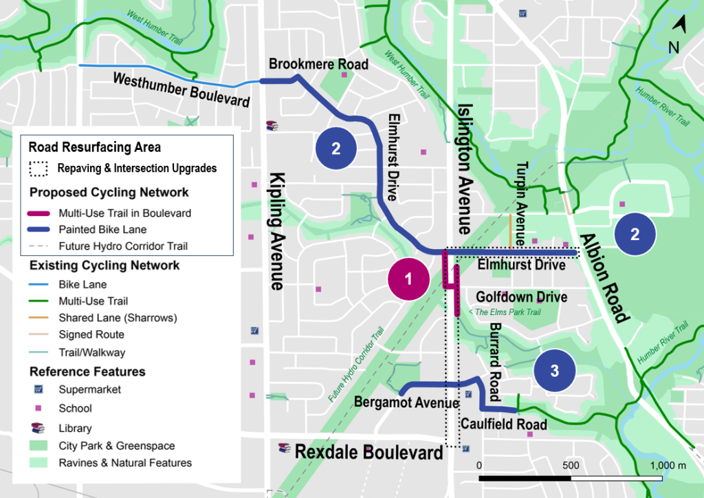 Map of project area, showing proposed changes along Elmhurst Drive, Islington Avenue, Brookmere Road, Bergamot Avenue, Burrard Road, and Caulfield Road. 