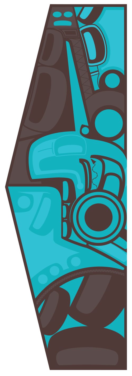 Illustration of the front of the public art for the new park, a tall sculpture with an image of a thunderbird head in green and brown. 