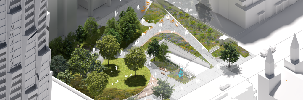 A rendered image of the new park from above, looking southwest.